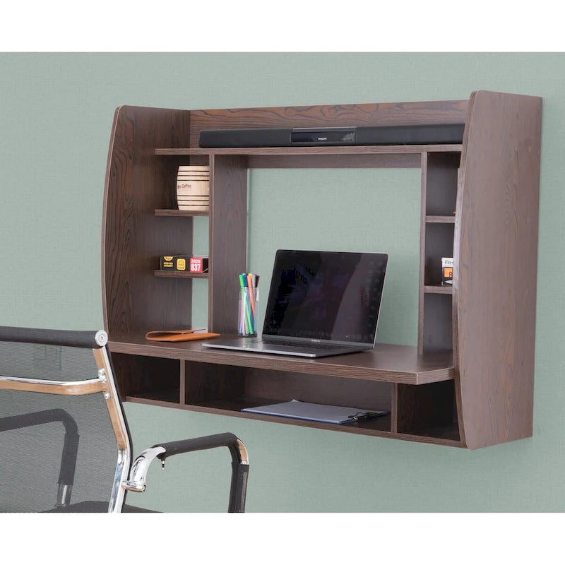 Bureau flottant mural avec étagères, 1 place, Noir/Brun/Blanc
