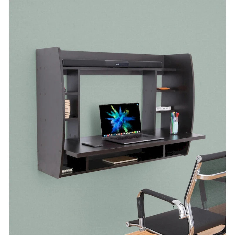 Bureau flottant mural avec étagères, 1 place, Noir/Brun/Blanc