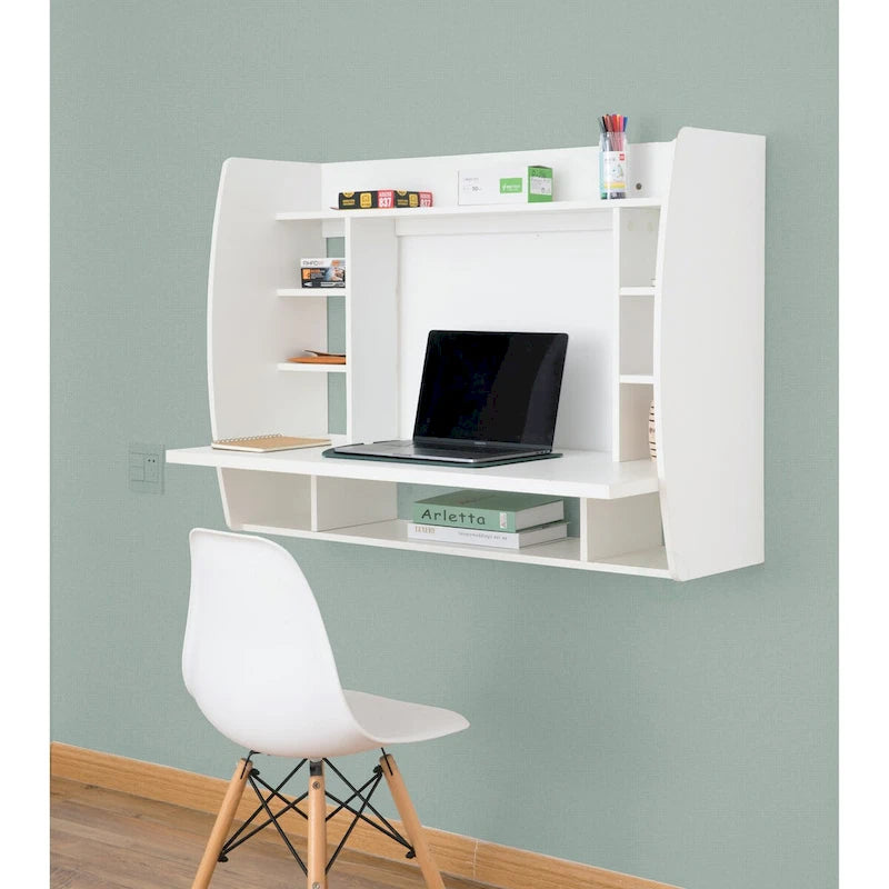 Bureau flottant mural avec étagères, 1 place, Noir/Brun/Blanc