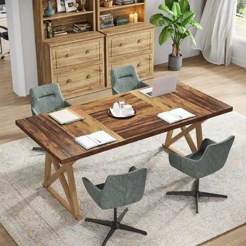 Table de conférence en bois E1 marron de 180 cm avec pieds en métal à transfert thermique, pour 6 à 8 personnes