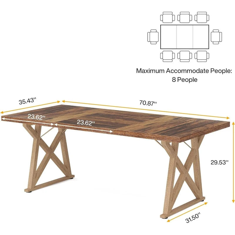 Table de conférence en bois E1 marron de 180 cm avec pieds en métal à transfert thermique, pour 6 à 8 personnes