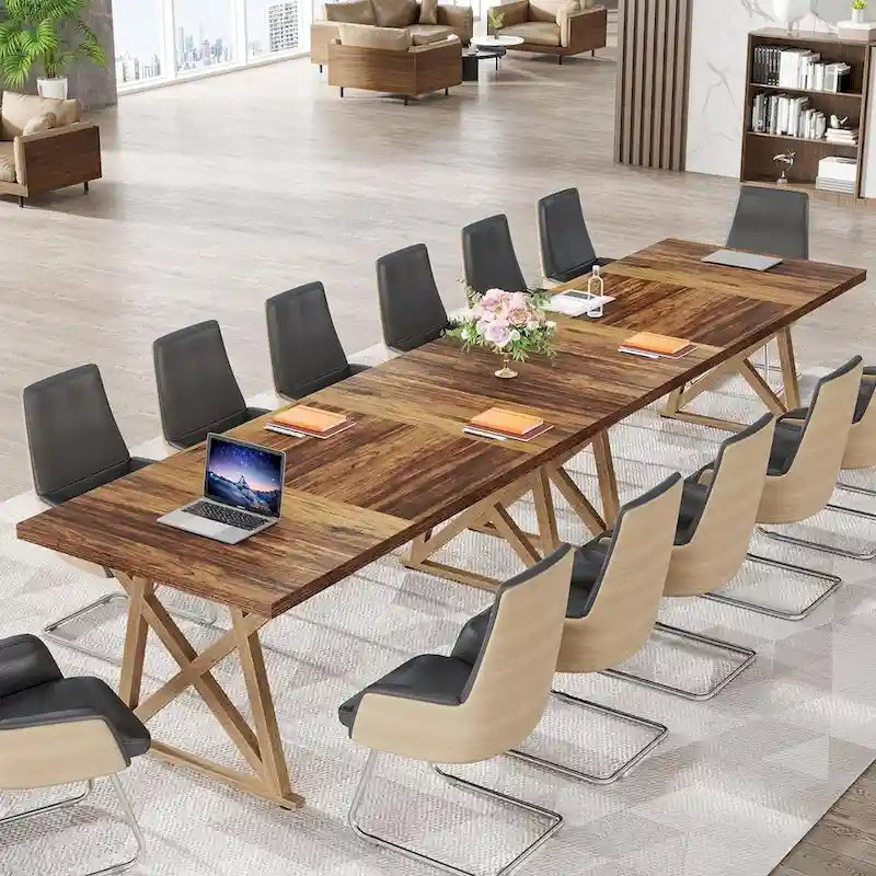 Table de conférence en bois E1 marron de 180 cm avec pieds en métal à transfert thermique, pour 6 à 8 personnes