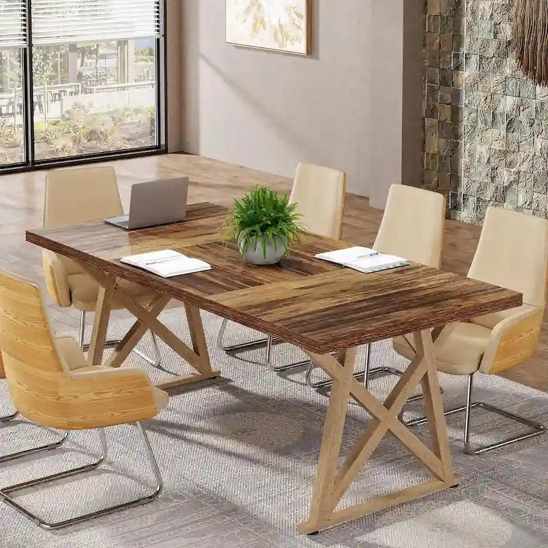 Table de conférence en bois E1 marron de 180 cm avec pieds en métal à transfert thermique, pour 6 à 8 personnes