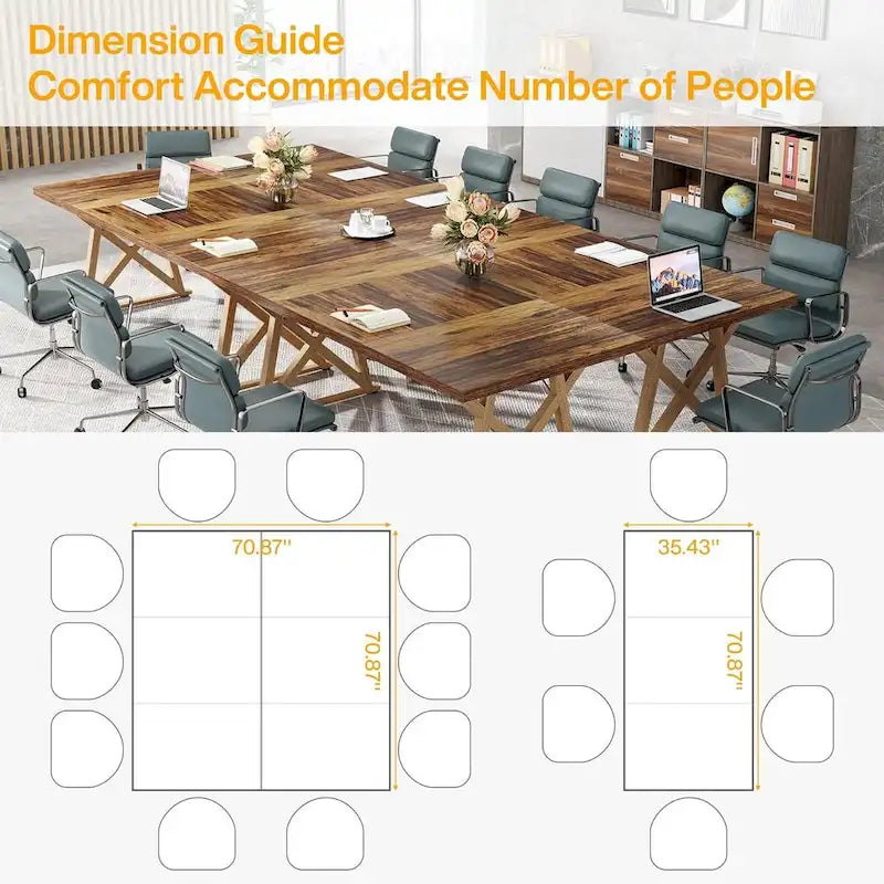 Table de conférence en bois E1 marron de 180 cm avec pieds en métal à transfert thermique, pour 6 à 8 personnes
