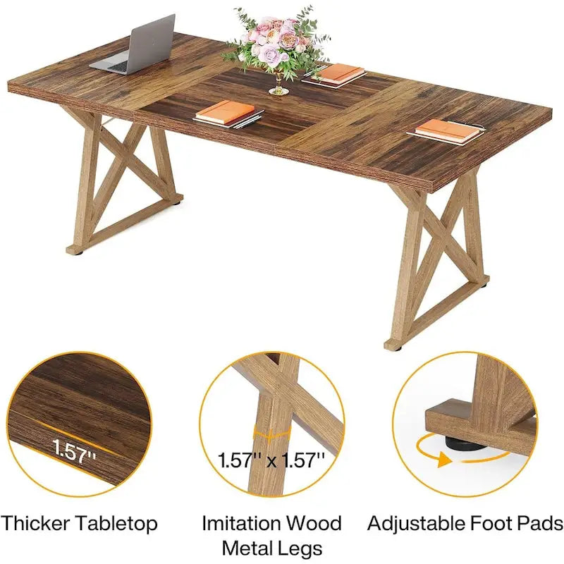 Table de conférence en bois E1 marron de 180 cm avec pieds en métal à transfert thermique, pour 6 à 8 personnes