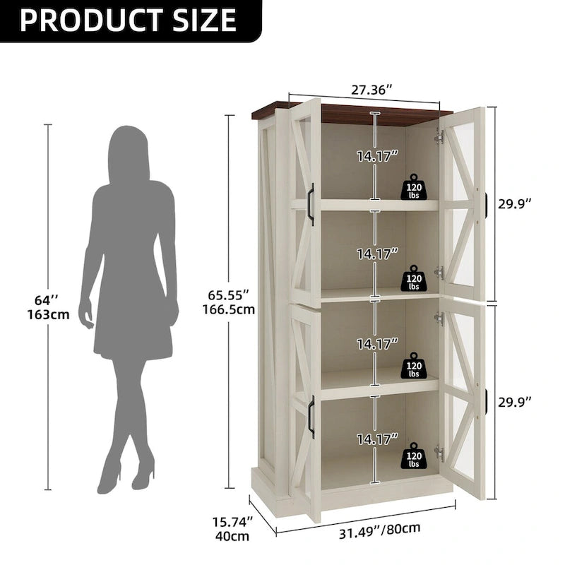 Meuble de cuisine autoportant blanc avec portes vitrées, 168 cm de haut, style ferme