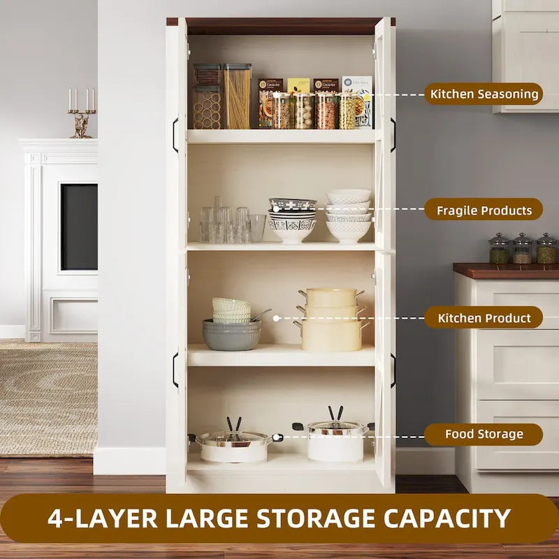Meuble de cuisine autoportant blanc avec portes vitrées, 168 cm de haut, style ferme