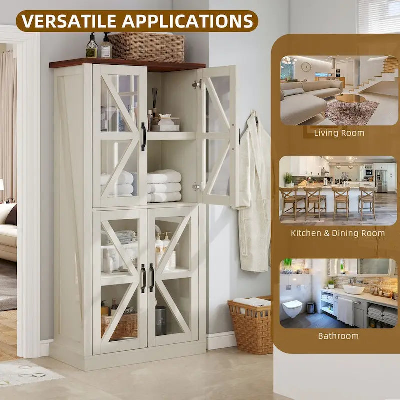 Meuble de cuisine autoportant blanc avec portes vitrées, 168 cm de haut, style ferme