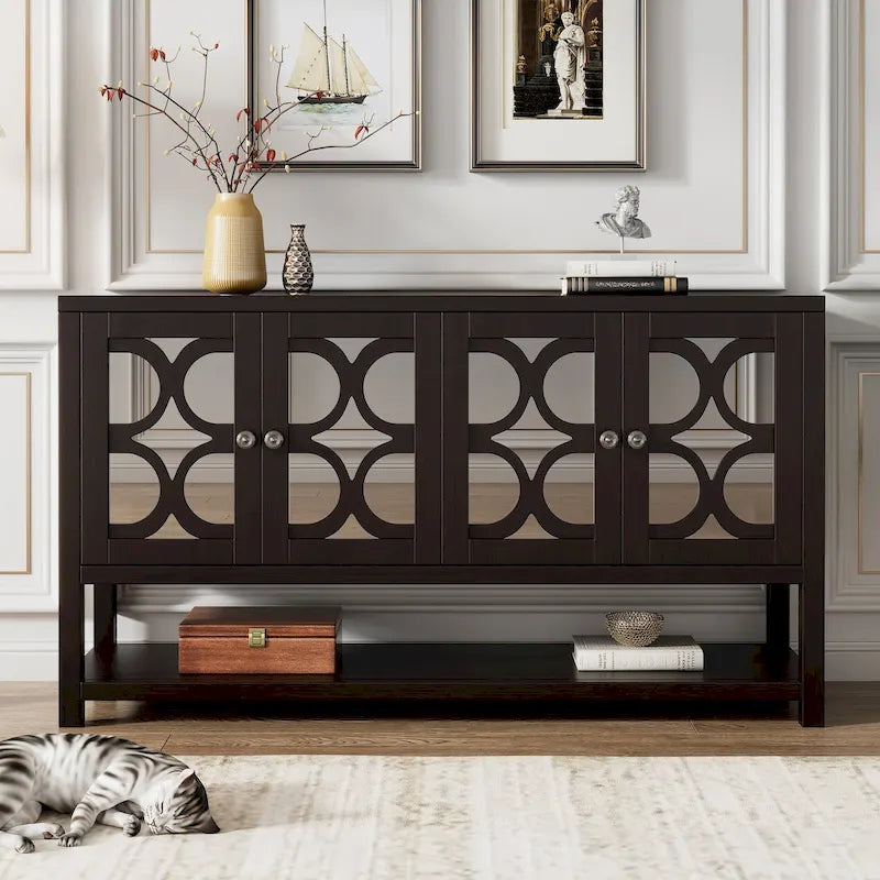 Buffet rétro blanc antique/espresso/marine avec portes miroir, étagère ouverte et pieds en bois d'acacia