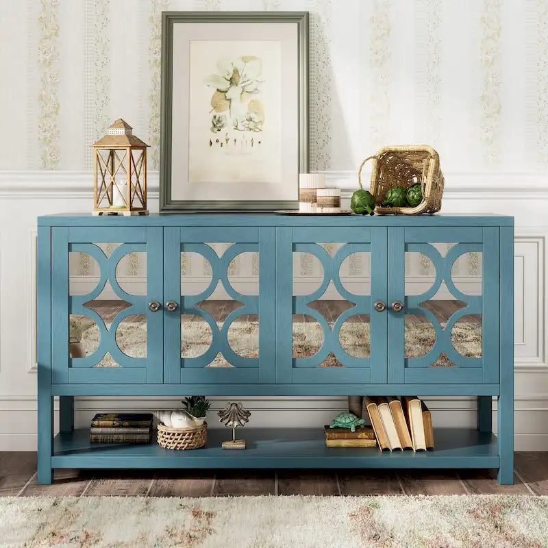 Buffet rétro blanc antique/espresso/marine avec portes miroir, étagère ouverte et pieds en bois d'acacia