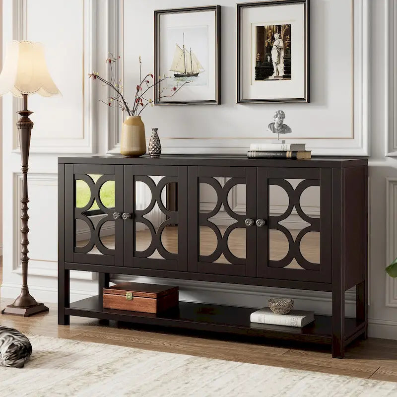 Buffet rétro blanc antique/espresso/marine avec portes miroir, étagère ouverte et pieds en bois d'acacia