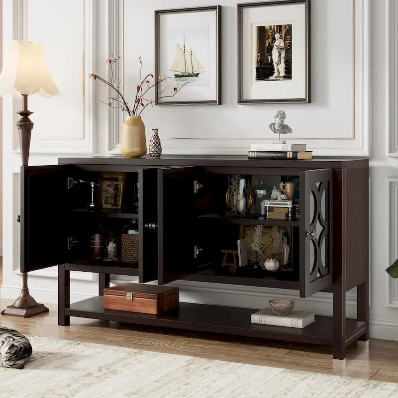 Buffet rétro blanc antique/espresso/marine avec portes miroir, étagère ouverte et pieds en bois d'acacia