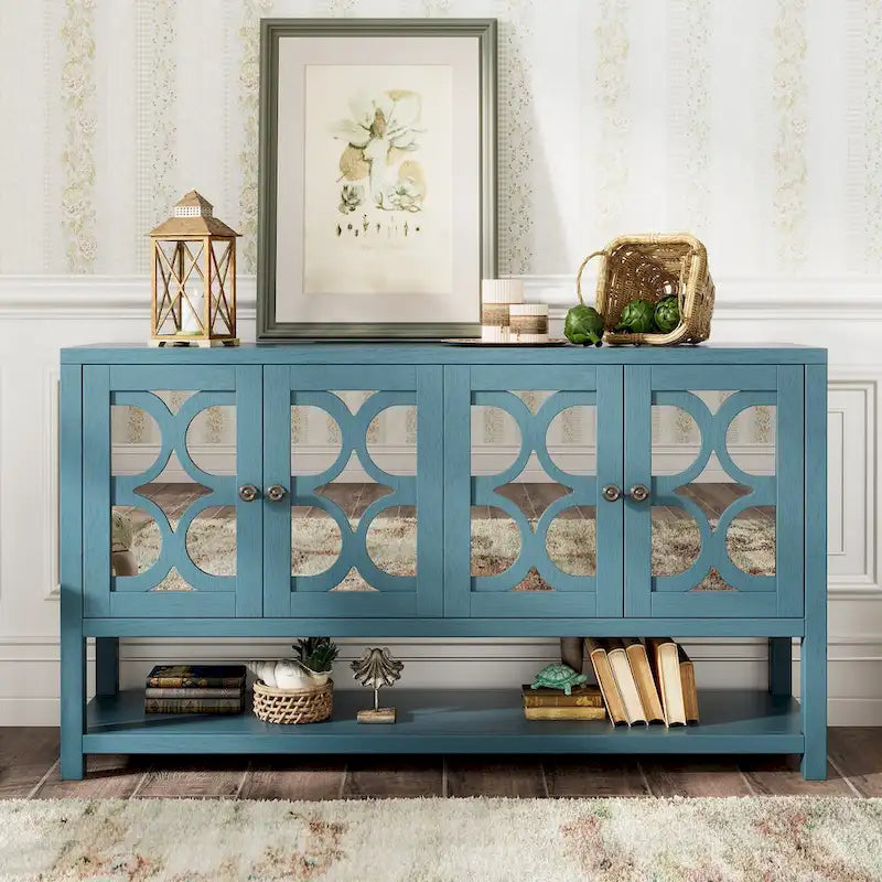Buffet rétro blanc antique/espresso/marine avec portes miroir, étagère ouverte et pieds en bois d'acacia