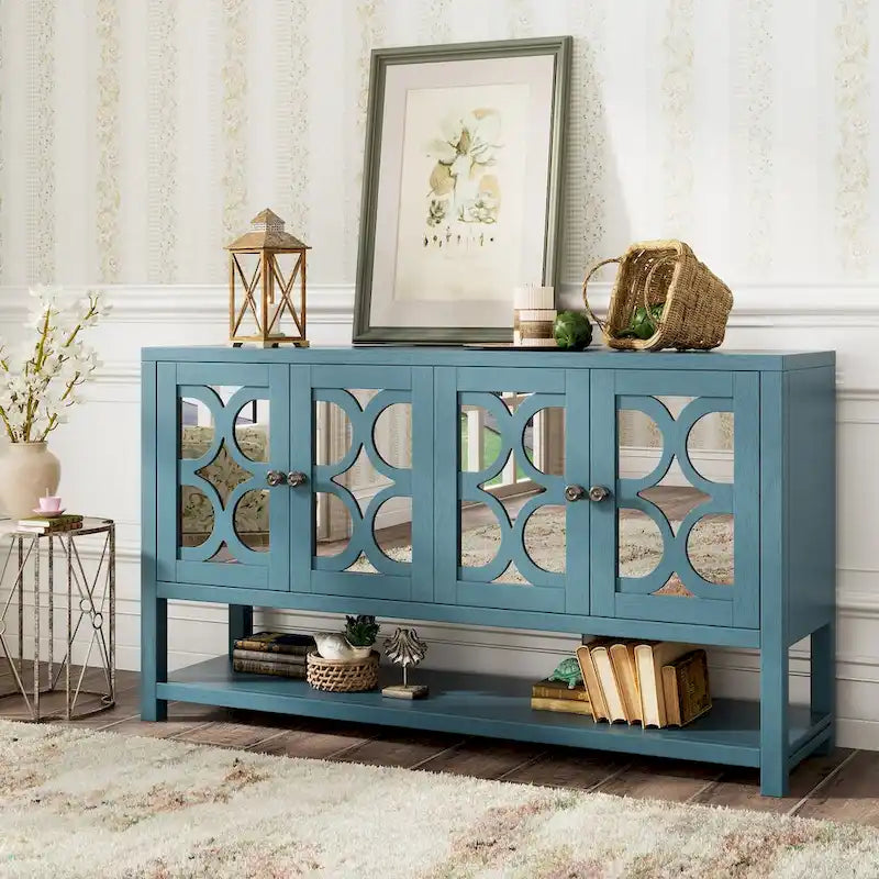 Buffet rétro blanc antique/espresso/marine avec portes miroir, étagère ouverte et pieds en bois d'acacia