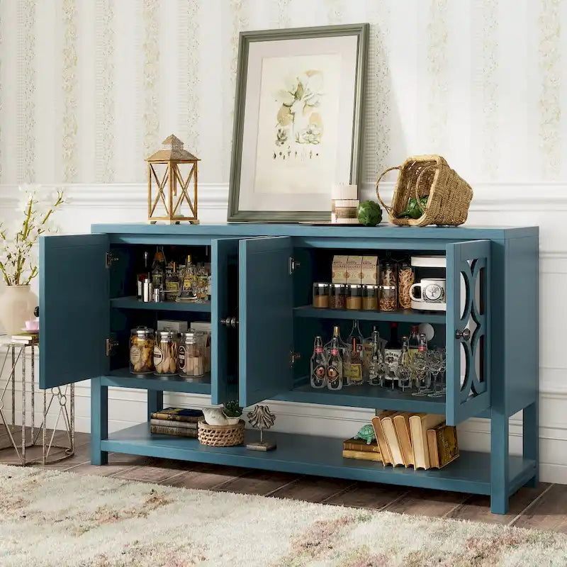 Buffet rétro blanc antique/espresso/marine avec portes miroir, étagère ouverte et pieds en bois d'acacia