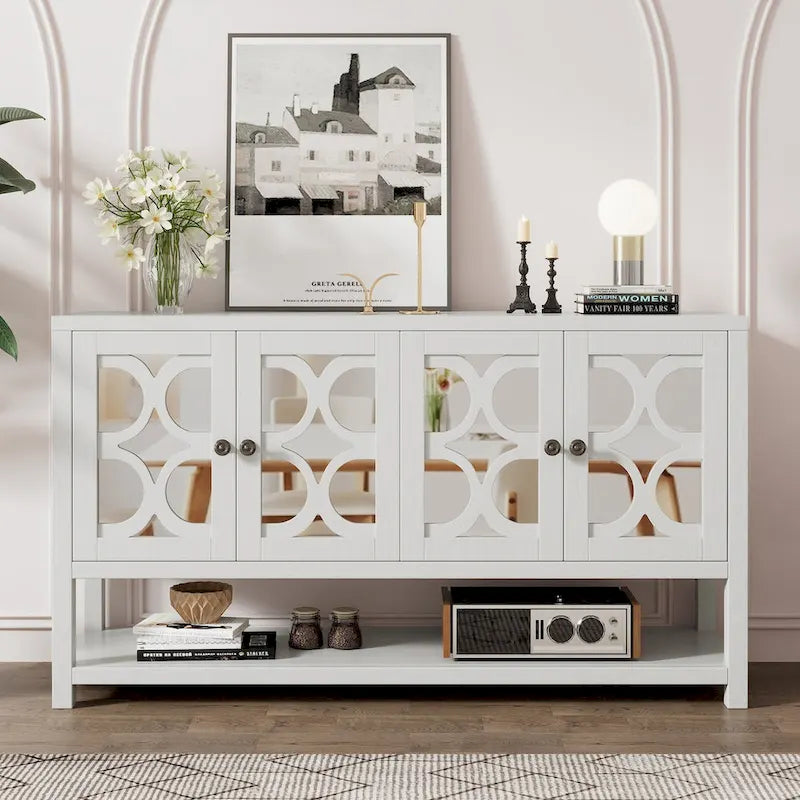 Buffet rétro blanc antique/espresso/marine avec portes miroir, étagère ouverte et pieds en bois d'acacia
