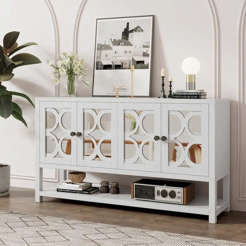 Buffet rétro blanc antique/espresso/marine avec portes miroir, étagère ouverte et pieds en bois d'acacia