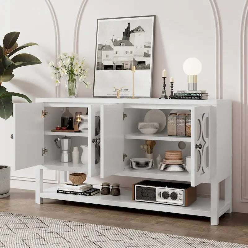 Buffet rétro blanc antique/espresso/marine avec portes miroir, étagère ouverte et pieds en bois d'acacia