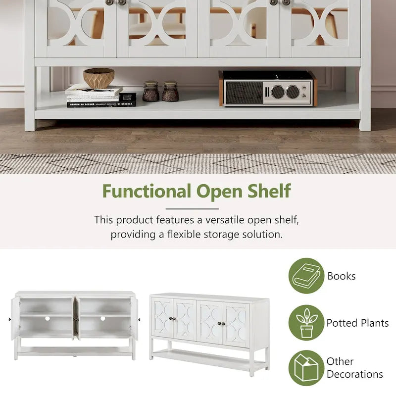 Buffet rétro blanc antique/espresso/marine avec portes miroir, étagère ouverte et pieds en bois d'acacia