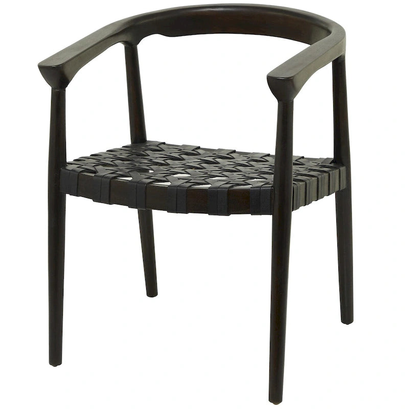 Chaise de salle à manger d'appoint en teck et cuir véritable, fabriquée à la main, avec accoudoirs, marron/marron foncé, pour 1 personne