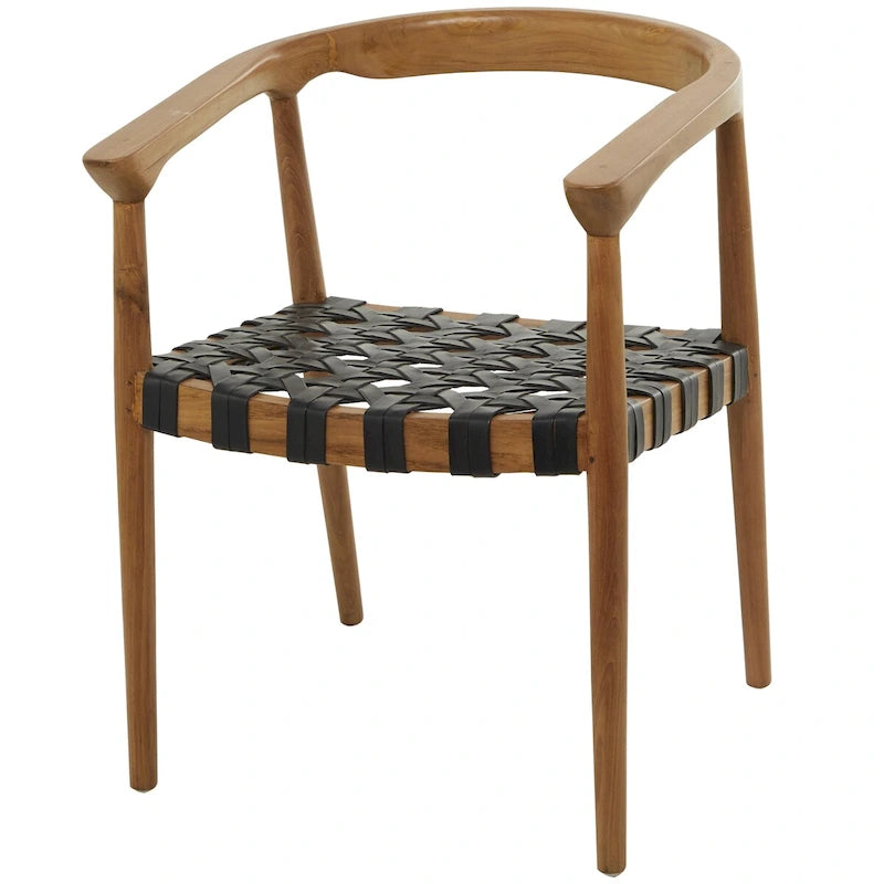 Chaise de salle à manger d'appoint en teck et cuir véritable, fabriquée à la main, avec accoudoirs, marron/marron foncé, pour 1 personne