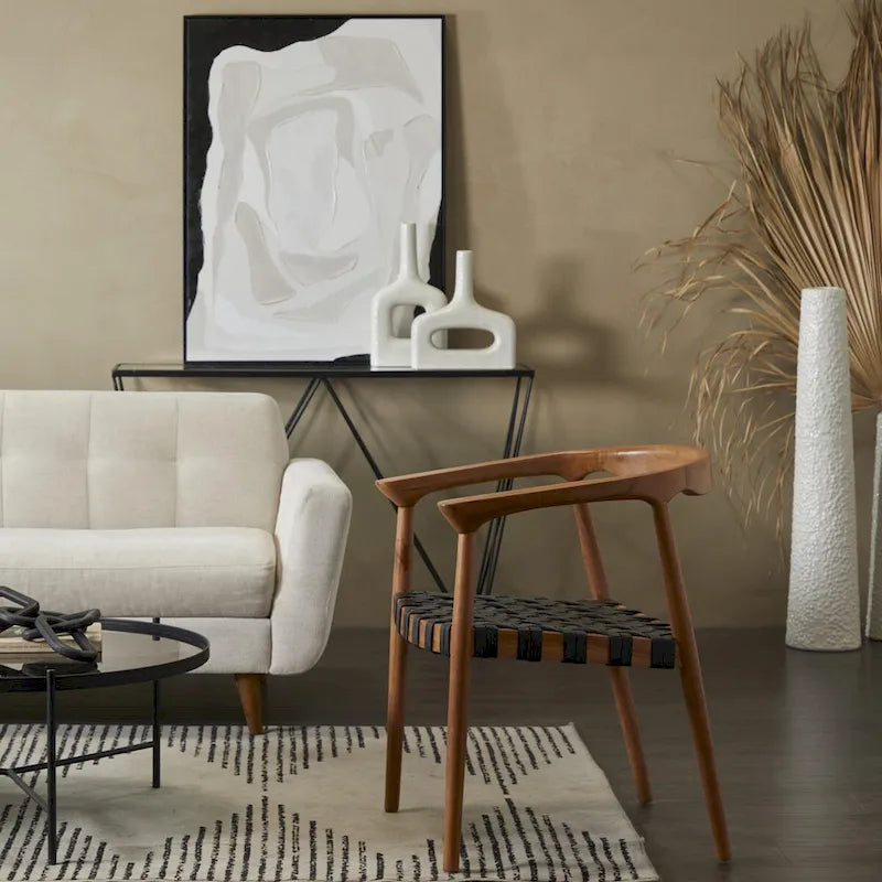 Chaise de salle à manger d'appoint en teck et cuir véritable, fabriquée à la main, avec accoudoirs, marron/marron foncé, pour 1 personne