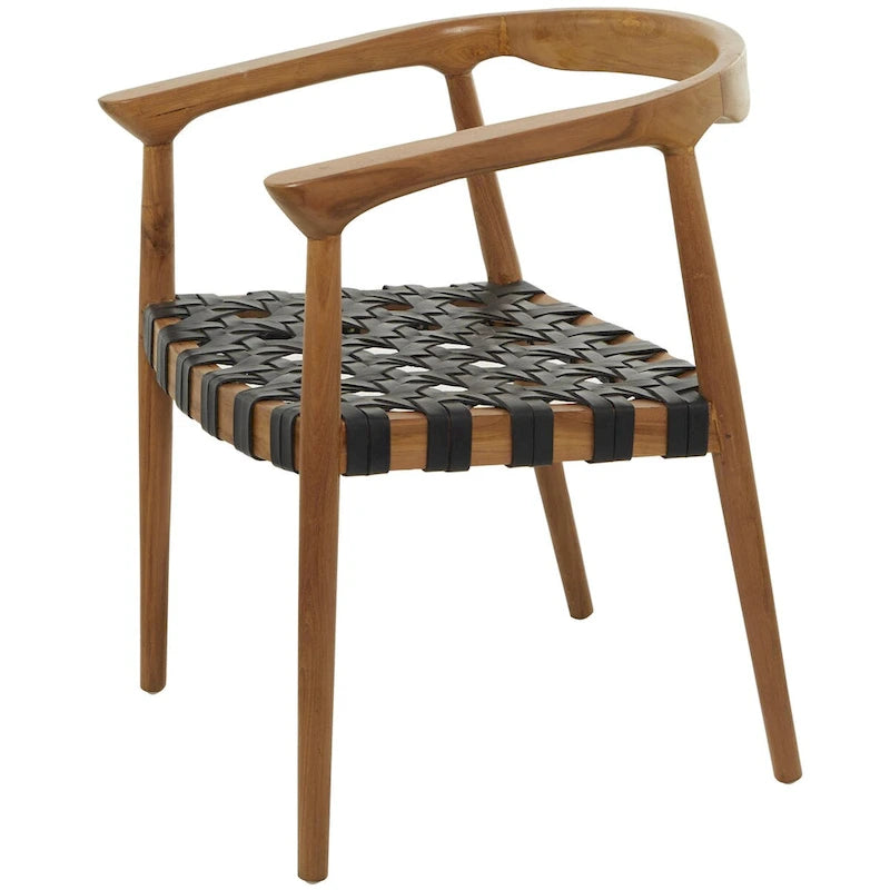 Chaise de salle à manger d'appoint en teck et cuir véritable, fabriquée à la main, avec accoudoirs, marron/marron foncé, pour 1 personne