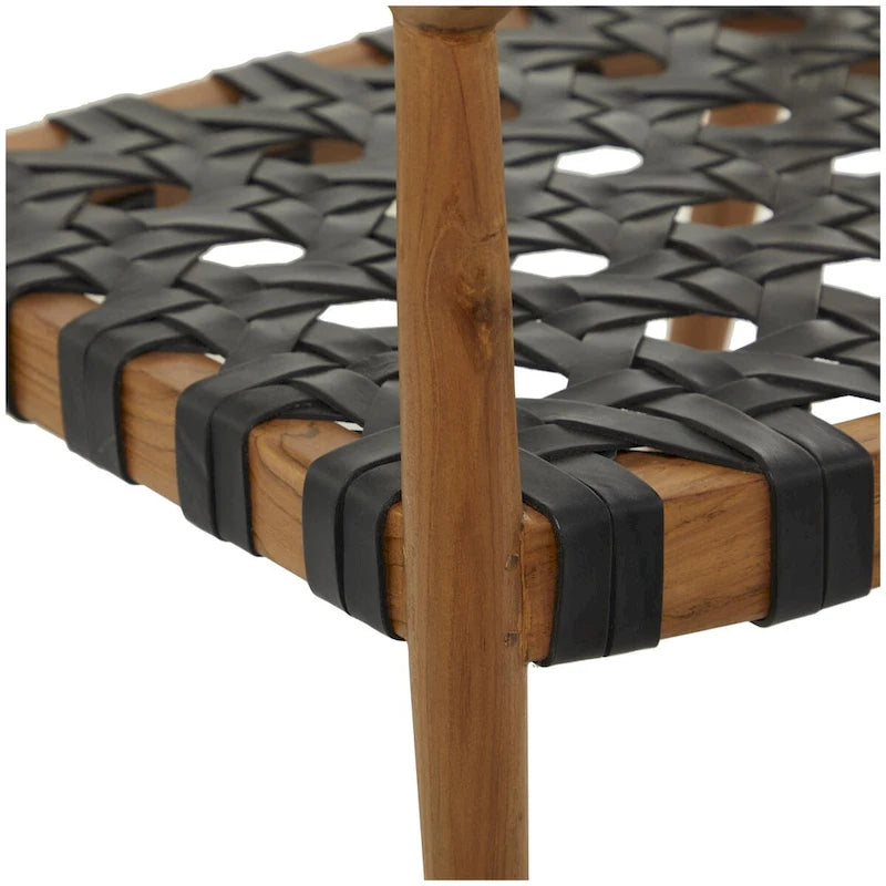 Chaise de salle à manger d'appoint en teck et cuir véritable, fabriquée à la main, avec accoudoirs, marron/marron foncé, pour 1 personne