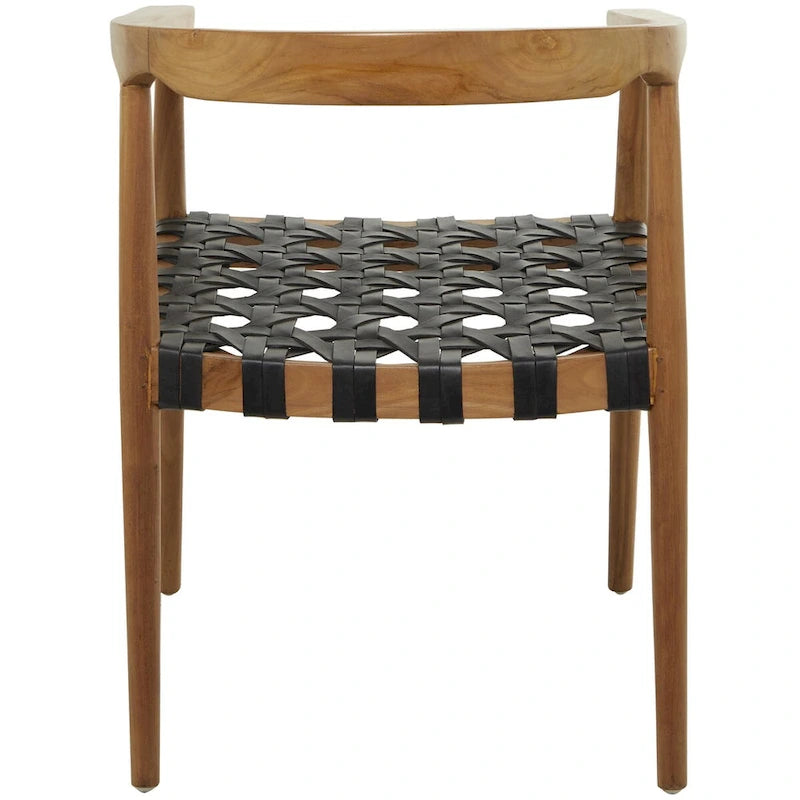 Chaise de salle à manger d'appoint en teck et cuir véritable, fabriquée à la main, avec accoudoirs, marron/marron foncé, pour 1 personne