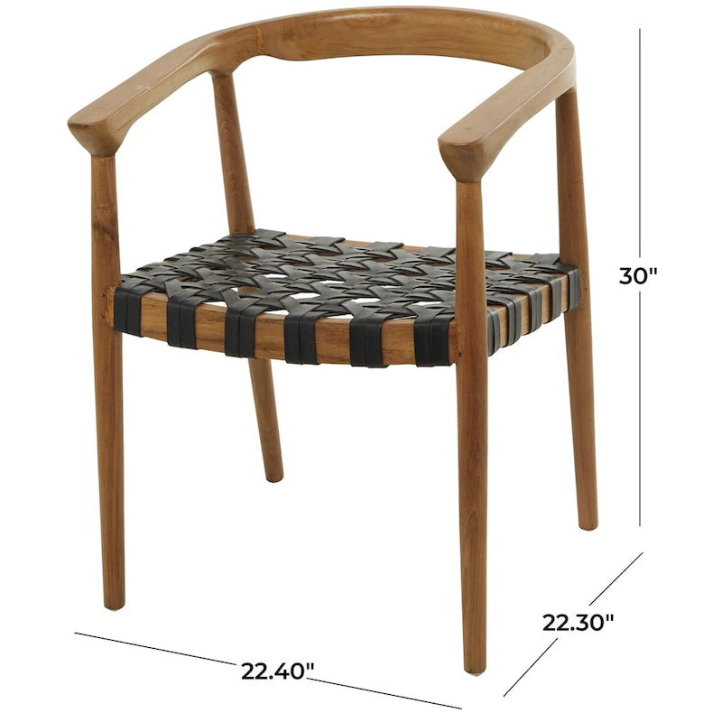 Chaise de salle à manger d'appoint en teck et cuir véritable, fabriquée à la main, avec accoudoirs, marron/marron foncé, pour 1 personne