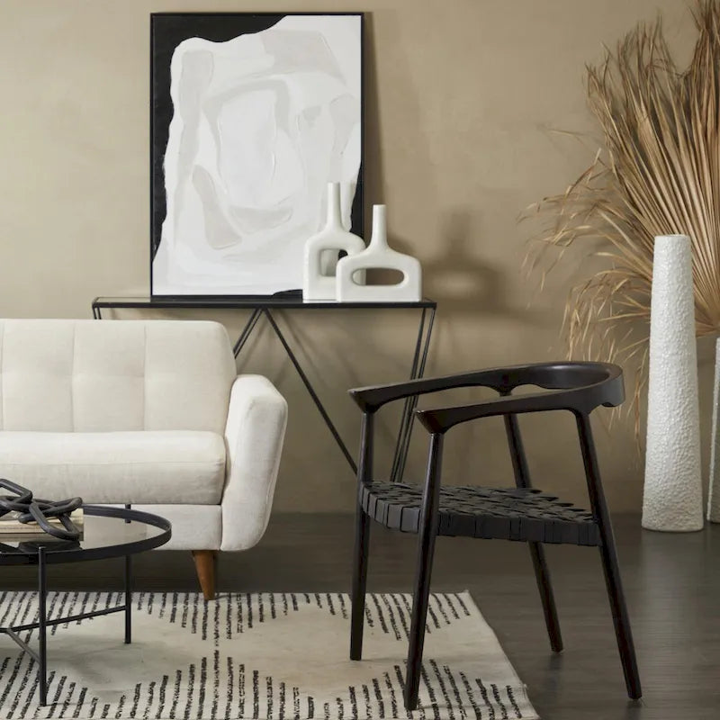 Chaise de salle à manger d'appoint en teck et cuir véritable, fabriquée à la main, avec accoudoirs, marron/marron foncé, pour 1 personne