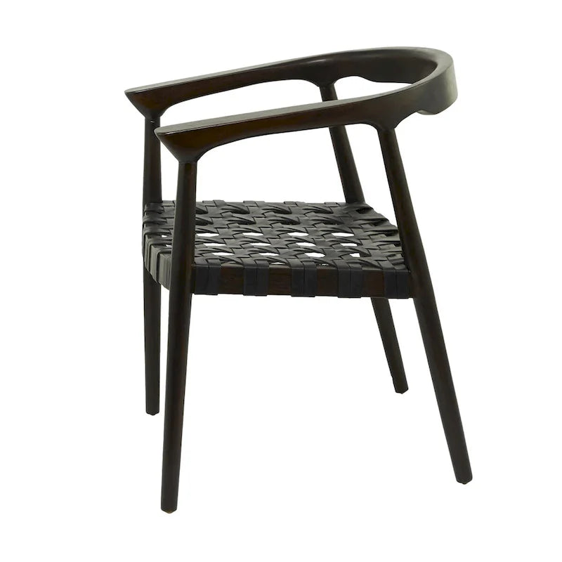 Chaise de salle à manger d'appoint en teck et cuir véritable, fabriquée à la main, avec accoudoirs, marron/marron foncé, pour 1 personne