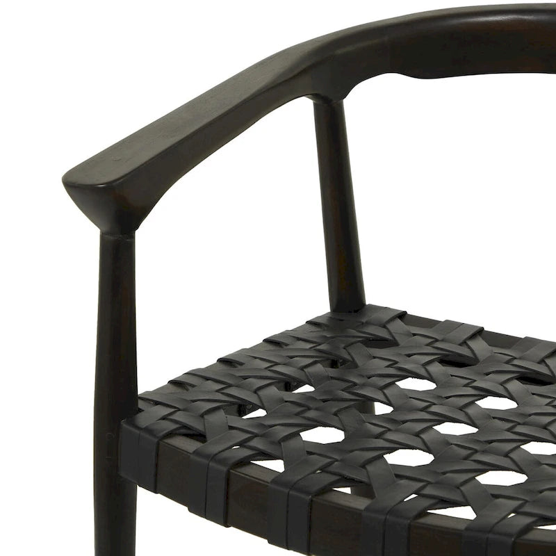 Chaise de salle à manger d'appoint en teck et cuir véritable, fabriquée à la main, avec accoudoirs, marron/marron foncé, pour 1 personne