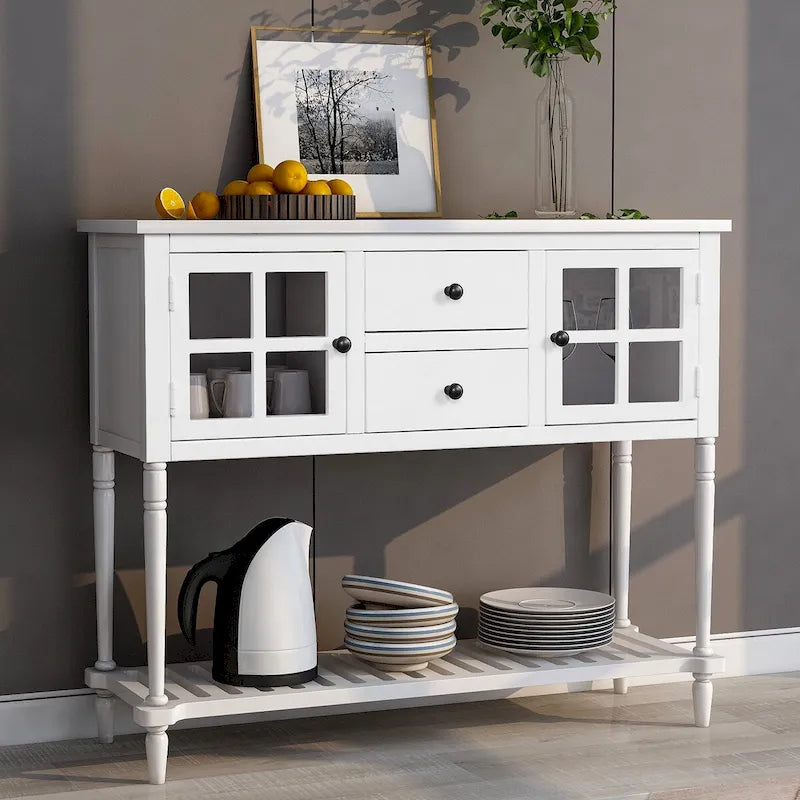 Console de buffet de ferme blanche vieillie avec 2 armoires à façade en verre, 2 tiroirs et étagère inférieure
