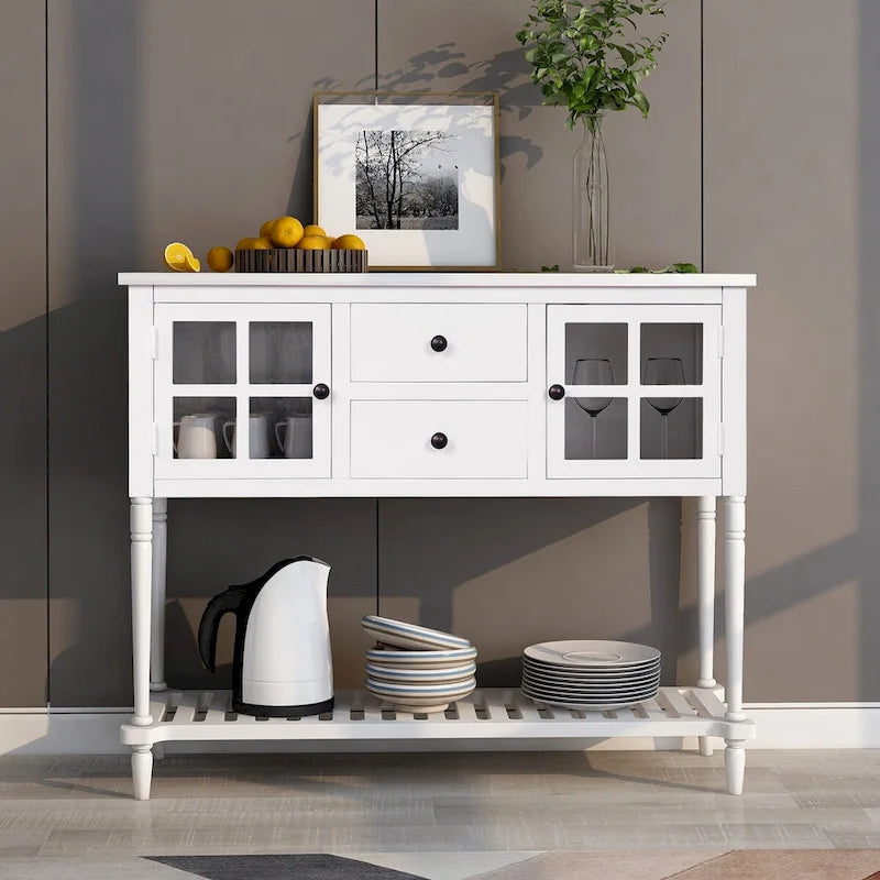 Console de buffet de ferme blanche vieillie avec 2 armoires à façade en verre, 2 tiroirs et étagère inférieure