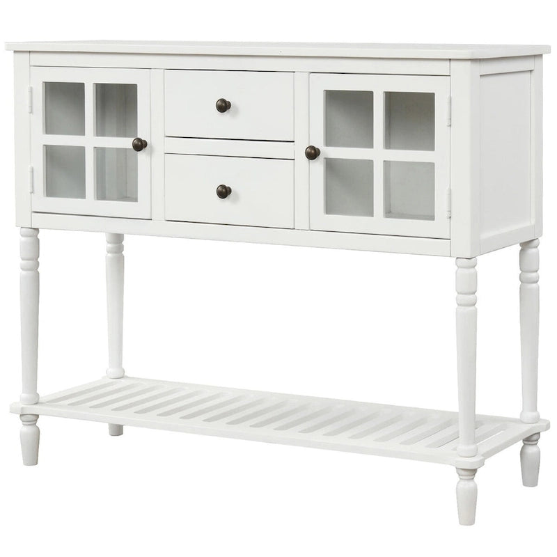Console de buffet de ferme blanche vieillie avec 2 armoires à façade en verre, 2 tiroirs et étagère inférieure