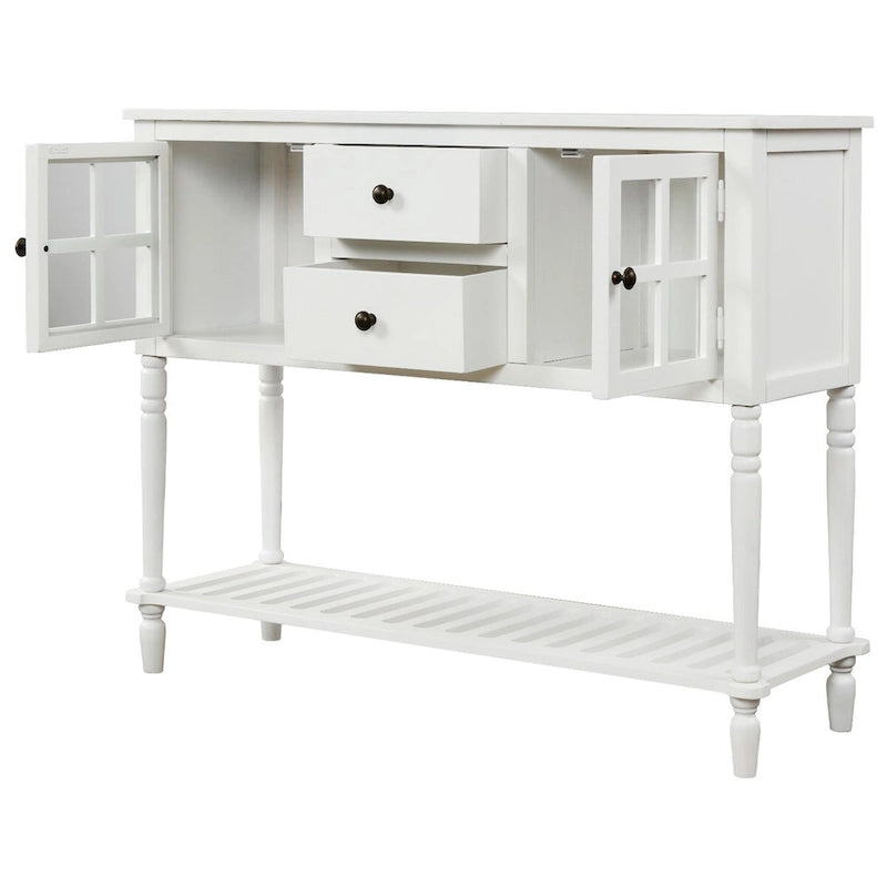 Console de buffet de ferme blanche vieillie avec 2 armoires à façade en verre, 2 tiroirs et étagère inférieure