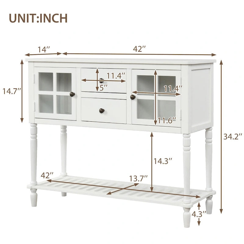 Console de buffet de ferme blanche vieillie avec 2 armoires à façade en verre, 2 tiroirs et étagère inférieure