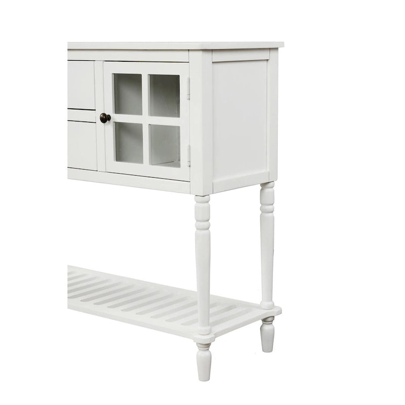Console de buffet de ferme blanche vieillie avec 2 armoires à façade en verre, 2 tiroirs et étagère inférieure