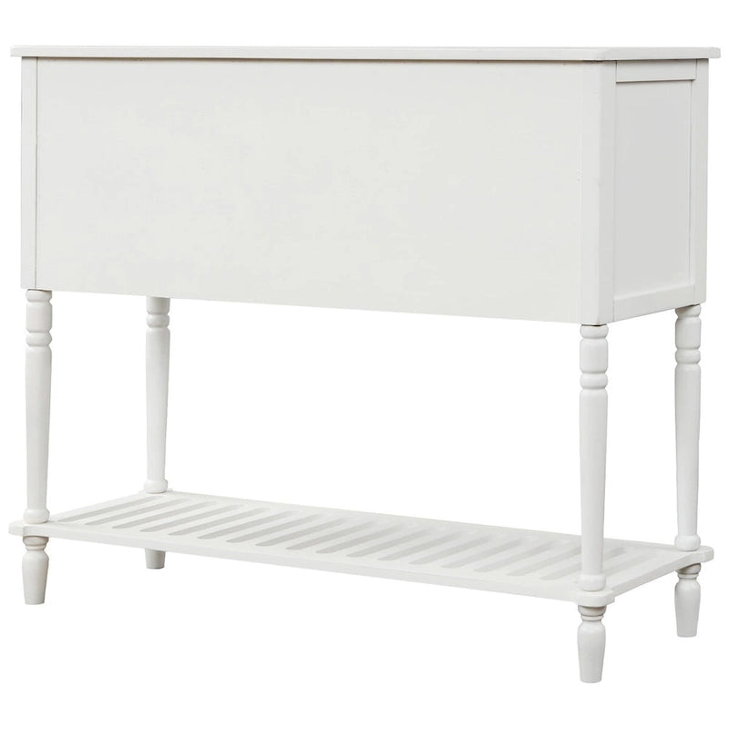 Console de buffet de ferme blanche vieillie avec 2 armoires à façade en verre, 2 tiroirs et étagère inférieure