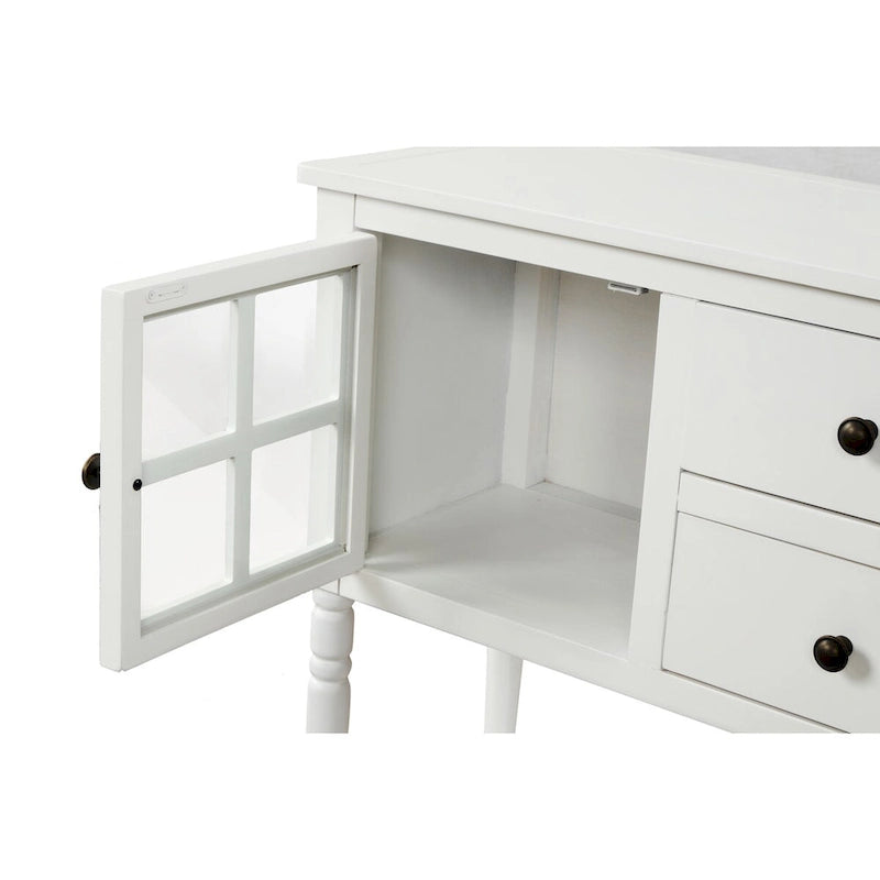 Console de buffet de ferme blanche vieillie avec 2 armoires à façade en verre, 2 tiroirs et étagère inférieure