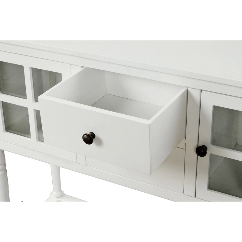Console de buffet de ferme blanche vieillie avec 2 armoires à façade en verre, 2 tiroirs et étagère inférieure